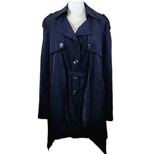 Kensie Trench Coat Black Button Front Waist Tie Asymmetrical Hem Pockets Lined